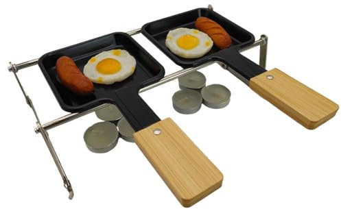 Portable Tabletop Raclette Grill Set, Foldable Mini Candle-Powered Cheese Melter with 2 Non-Stick Pans, 2 Bamboo Spatulas and 6 Tealights, Compact Personal Fondue Maker for Indoor, Picnic, S'mores