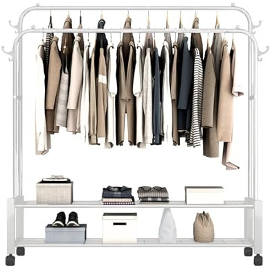 MAGIC SELECT Perchero Burro Independiente con Barra Superior, 2 Baldas de Almacenamiento Inferior y 7 Ganchos Laterales. Burro Ropa Resistente con 4 Ruedas. Perchero para Hogar (155x140cm)