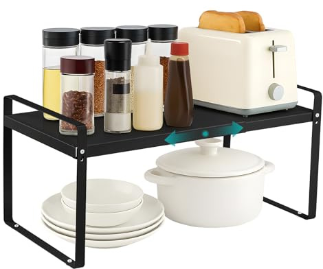 Expandable Kitchen Cupboard Organiser Multi-Purpose Shelf Organiser Cupboard Shelf Organiser for Home and Kitchen Storage Black (Black, 2 Tier)