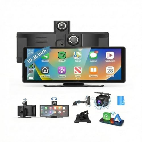 Pantalla CarPlay Coche 10,26, Pantalla Portátil para Coche con CarPlay Inalámbrico y Android Auto, Dash CAM 4K, Admite Cámara Trasera 1080P, IPS Táctil, Mirror Link, BT/FM/AUX, 64GB TF, 12V/24V