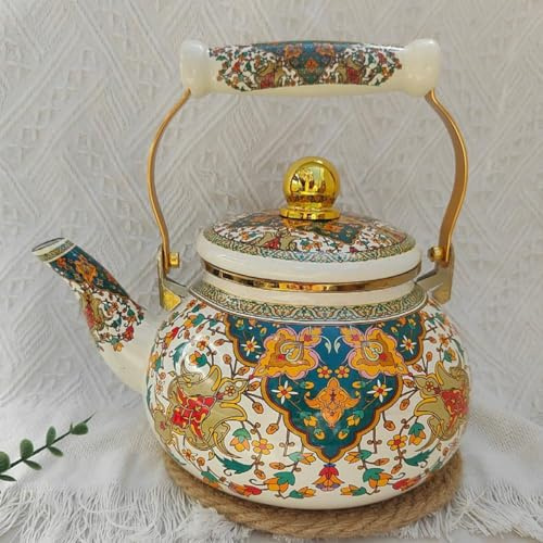 Bollitore da tè smaltato vintage, teiera smaltata floreale, teiera in porcellana smaltata con fischio, teiera turca per acqua calda con manico freddo, per piano cottura da cucina