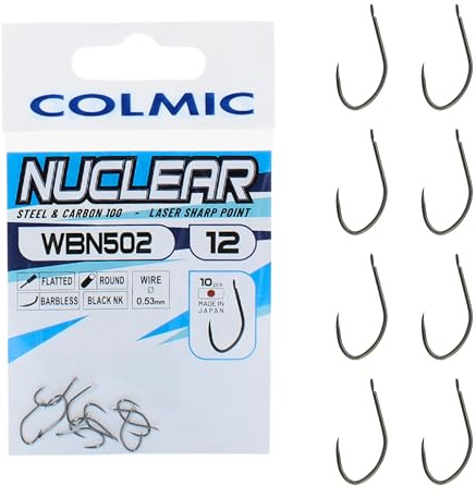 Colmic 10 anzuelos de pesca WBN502 Carp Line de acero al carbono negro níquel tamaño 12 – Flatted, redondo, Barbless – Precisos y resistentes para pesca de carpas técnica – Producto oficial Colmic