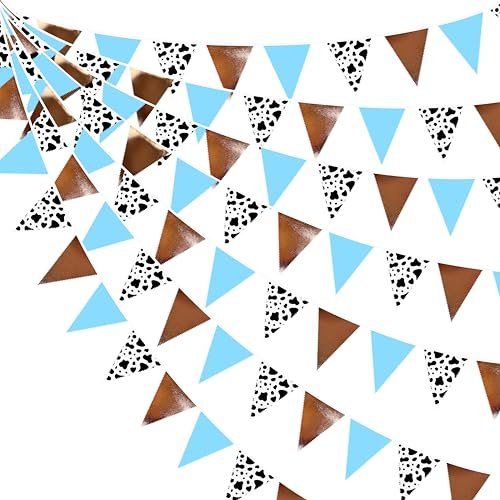 32Ft Brown Blue Cow Print Fabric Bunting Banner Western Cowboy Party Decorations Triangle Flag Pennant Garland for Western First Rodeo Birthday Baby Shower Country Farm Cow Wild West Bandana Party
