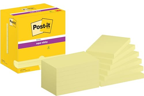 Post-it Super Sticky Notes, 1080 Sheets, Value Pack of 12 Pads, 76 mm x 127 mm - Holds Strong to Many Surfaces - Canary Yellow - for Walls, Monitors and Fridge, Recycable