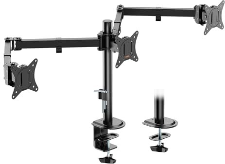 VonHaus Triple Monitor Stand for 17-27 Screens, Three Screen Monitor Mount with Desk Clamp, Height Adjustable, Easy Assemble Stand with Full Tilt, Rotation & Swivel Arms, VESA: 75x75 & 100x100mm