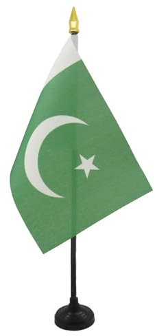 AZ FLAG - Pakistan Table Flag 4'' x 6'' - Pakistani Mini Desk Flag 100% Polyester 15 x 10 cm - Office Mini Banner with 10'' Pole - Golden Spear
