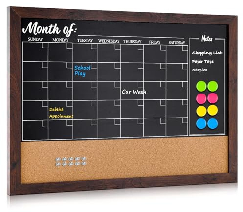 4 THOUGHT Chalkboard Calendar Corkboard Combo, 18 x 24 Bulletin Board Magnetic Calendar Chalkboard for Wall Combination Board Monthly Planner Rustic Brown Frame 4 Markers 8 Magnets 10 Pushpins