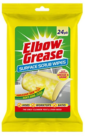 Elbow Grease Surface Scrub Wipes - Cuts Through Grease & Grime | Double Sided, Lemon Fresh (24 Wipes Per Pack)