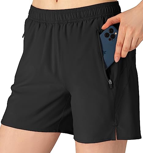donhobo Womens Gym Running Shorts with Zipper Pockets,Ladies Running Short,2 in 1 Breathable Quick Dry Fitness Shorts for Workout Training Yoga Jogging Pilates Black M