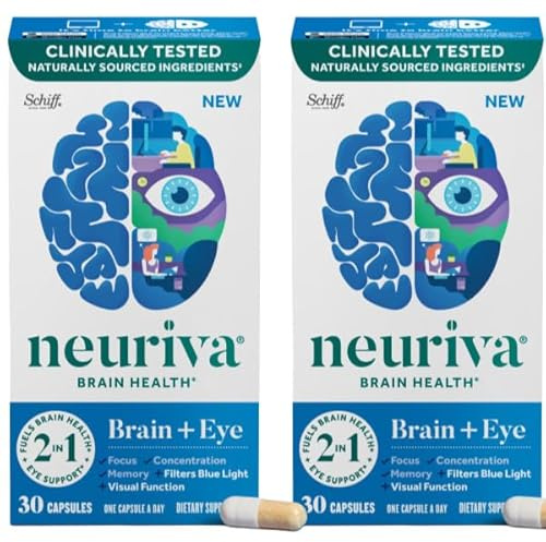 NEURIVA Brain + Eye Supplement for Memory, Focus & Concentration with Lutein & Vitamins A C E and Zinc for Eye Health & Zeaxanthin to Filter Blue Light, 30ct Capsules (2 Pack)