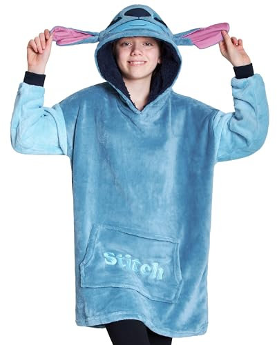 Disney Felpa Coperta per Bambini - Felpa Oversize in Pile con Cappuccio Stitch Bambina Ragazze Gadget Regalo Ufficiale (Blu Stitch)