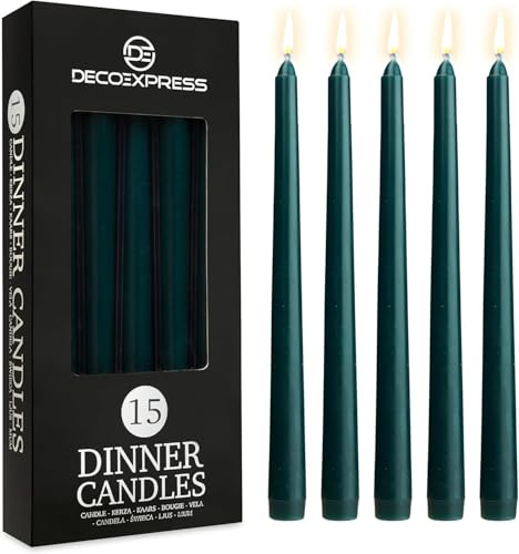 DECO EXPRESS Bougies Pointues Lisses, Lot de 15, Anti-Gouttes et Sans Parfum, Bougie Longue Durée 8h, Saint Valentin et Fetes des Mères Decoration Maison, Idee Cadeau (Vert - Lot de 15)