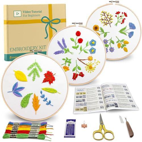 Bradove 3 juegos de kits de bordado de hojas y flores para principiantes, kit de bordado para principiantes para adultos y niños, aprende a bordar principiantes adultos