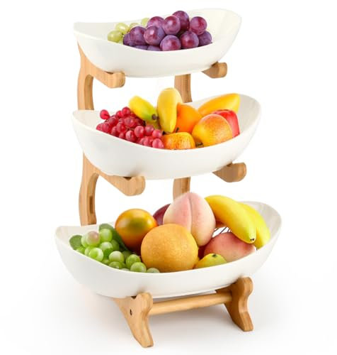 ANNTIM Etagere 3 Etagen, Obst Etagere 3 Stöckig Obstschale Keramik, Weiß Obstkorb Etagere 3 Stöckig mit Natürlichem Bambus Ständer Servierteller für Obst, Kuchen, Süßigkeiten