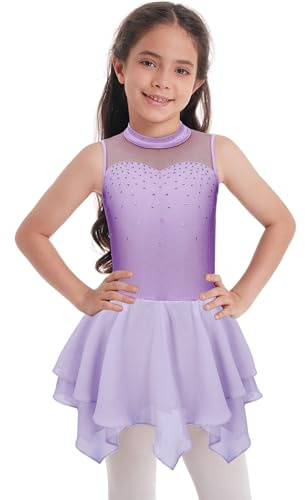 Nyeemya Vestido de Patinaje sobre Hielo para Niñas sin Mangas Maillot Brillante de Baile Leotardos Gimnasia Rítmica con Falda Tul Disfraz de Bailarina Lavanda B 7-8 años