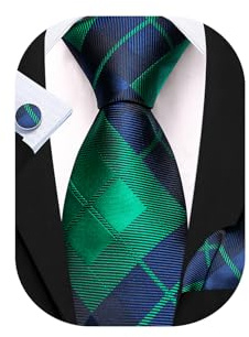 Barry.Wang Tartan Tie Men's Blue Green Plaid Necktie Silk Handkerchief Cufflinks Set Christmas Formal Wedding