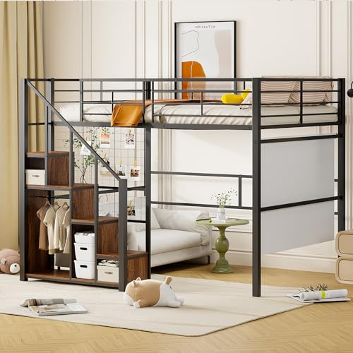 Kinderbett Hochbett 140x200, Metallbett Eisenbett mit Rausfallschutz und Lattenrost, Sicherheitsleiter mit Ablagefläche, Etagenbett Jugendbett Funktionsbett Eisenrahmenbett, ohne Matratze, Schwarz