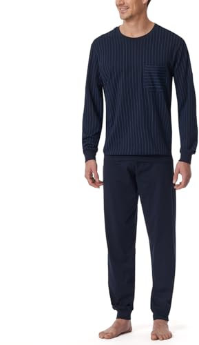 Schiesser Herren Schlafanzug lang mit Bündchen-Nightwear Set Pyjamaset, dunkelblau_182196, 58