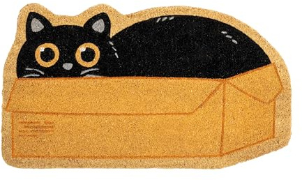 Fisura – Felpudo Exterior “Caja Gato” de Coco con Base Antideslizante de PVC. Felpudo con Forma Original. Felpudo de Gato. Pintado a Mano. Medidas : 70 cm x 40 cm