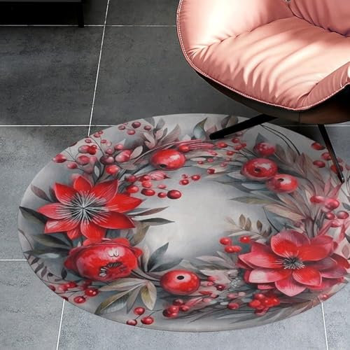 Runder Teppich für Schlafzimmer, saugfähige Badematte, rutschfest, rote Blumen und Beeren, Teppich für Wohnzimmer, Fußmatte, 80 cm, kleiner Bodenteppich, waschbar, kreisförmiger Teppich für Badezimmer