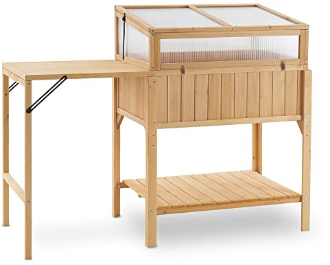 Macrout Cold Frame Greenhouse with Foldable Potting Table, Raised Garden Bed Planter Box with Legs and Wooden Greenhouse with Shelf for Vegetables, Herb and Flowers Use, 0399