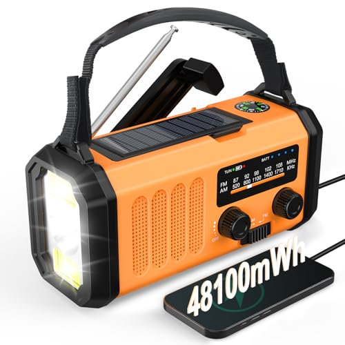 48100mWh Solar Kurbelradio, Dynamo Notfallradio,AM FM Radio Notradio Batteriebetrieben mit Campinglampe&Leselicht, Notfall Radio,USB-Ladegerät,SOS,Kompass für Haushalt Ourdoor Überleben Stromausfälle