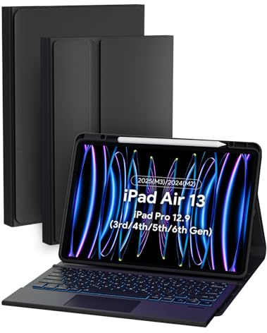 Doohoeek Case with Keyboard for iPad Air 13 Inch 2025(M3)/2024(M2), iPad Pro 12.9 6th/5th/4th/3rd Gen, Bluetooth Wireless Backlit Detachable Keyboard Folio with Multi-Touch Trackpad, Black