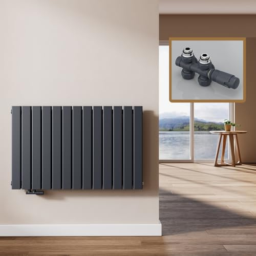 EMKE Design Heizkörper Flach mit Multiblock 630x1006 mm Horizontal Flachheizkörper mit Seitenanschluss, Doppellagig Anthrazit Paneelheizkörper Wandheizkörper für Bad, Schlafzimmer & Wohnzimmer, 210W