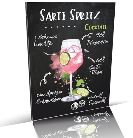 siviwonder Cocktail Schild Sarti Spritz Rezept Alu-Dibond 3 mm wetterfest – Bar Deko Metall für Theke Küche Garten Partykeller – 20×14 cm Tafel Retro Look ohne Bohrlöcher Indoor Outdoor