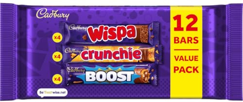 Cadbury Mixed Chocolate Bar Value Pack, 347.2 g Total (Pack of 1) | 12 Bars (4 x Each), Includes Wispa, Crunchie & Boost Bars, Individually Wrapped, For Sharing, For Snacks & Treats