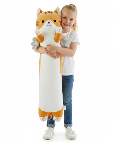 Aiuidun kattkudde med vingar, 90 cm lång kattgosedjur, mjuk plyschkudde för sidosovare, söt Kawaii plysckatt som jättestort gosedjur för vuxna och barn (gul)