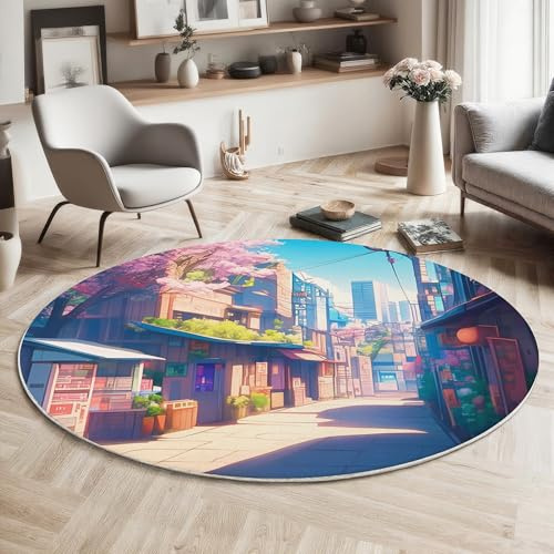 GDJSMIN Strade Cittadine Giapponesi Tappeto Rotondo Salotto, Morbido Stile Anime Tappetini Antiscivolo Tappeto Per Bambini Cameretta Cucina Casa Zona Balcone Tappet Tavolino (Rosa,180Cm)