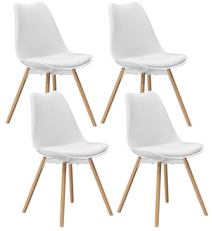 buybyroom Sedie Cucina Set da 4, Sedie Sala da Pranzo Moderne con Gambe in Legno Massello e Seduta Imbottita, Design Scandinavo Ergonomico, per Cucina, Sala Conferenze, Soggiorno e Ufficio, Bianco
