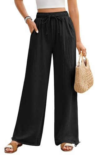 Niwicee Pantalones Mujer Verano Casuales Algodón Vintage Cintura Alta Elástico Pantalones Rectos con Cordón Verano con Bolsillos Ligeros y Cómodos Frescos Anchos Palazzo Pantalones (Negro, XXL)