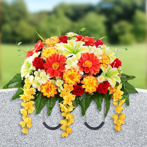 Artificial Cemetery Flowers for Grave, Headstone Flower Saddle Realistic Grave Decorations for Cemetery, UV Resistant Memorial Day Flowers with Lily Rose Sunflower for Headstone Cemetery Grave Decor