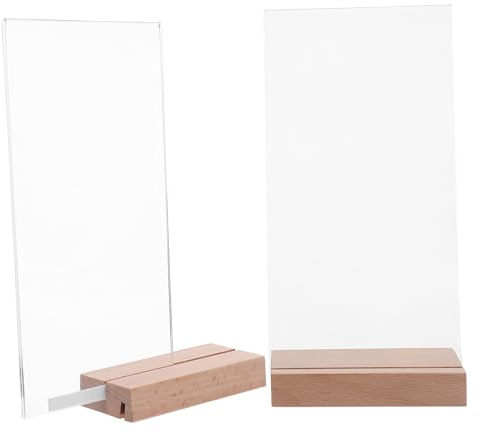 POPETPOP 2 pièces Lot de Supports de Panneau Acrylique Transparents avec Socle Bois Porte-menu Vertical T Polyvalent pour Restaurant Décoration Table Mariage Affichage Menu Clair