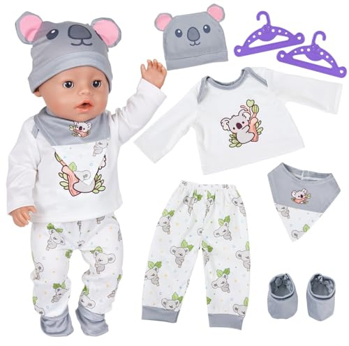 7 Pcs Cute Grey Koala 14-17 inch Baby Doll Clothes Doll Clothes for Dolls for 35-43cm Baby Dolls with Top Pant Bib Socks Hat Hangers 43cm Baby Doll Outfits Doll Accessories Children Birthday Gifts