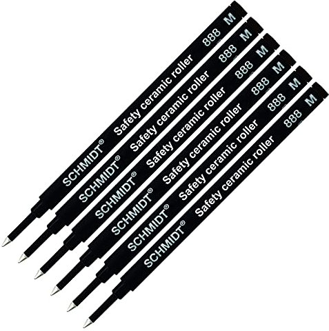 6 X Schmidt 888 Rollerball Refill - Medium - Black Ink - (Made In Germany)