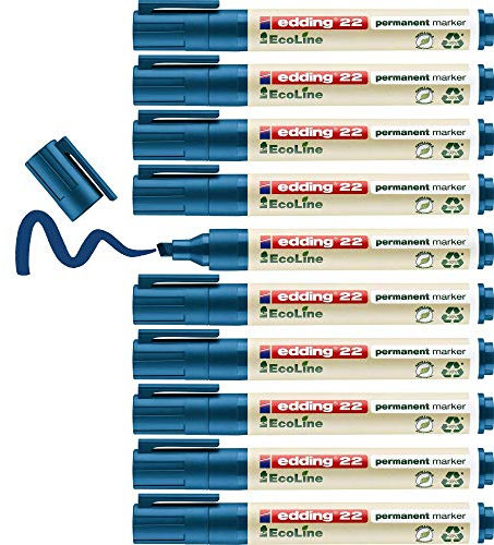 edding 22 Permanentmarker - blau - 10 Stifte - Keil-Spitze 1-5 mm - schnell trocknender Permanent Marker - wasserfest, wischfest - für Karton, Kunststoff, Holz, Metall - Universalmarker, 4-22003, 1 - 5mm