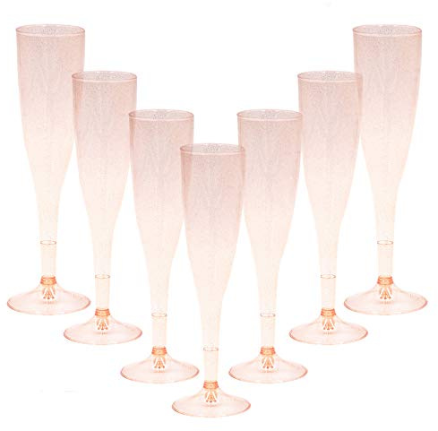 Homy Feel Rose Gold Glitter Plastic Champagne Flutes 30 Pack, 6.5 OZ Disposable Plastic Wine Glasses, Reusable Champagne Glasses, Mimosa Bar Glasses for Bridal Shower Birthday New Year Christmas