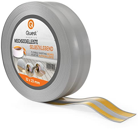 Quest Battiscopa Morbido Adesivo - 32 mm x 23 mm - Listello in PVC, Finitura Flessibile, Profilo Angolare per Cucina, Bagno, Parete, Pavimento - Decorativo (Grigio, 25m)