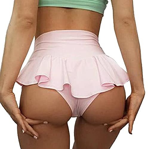Women's Sexy High Rise Yoga Hot Pants Solid Ruffle Club Mini Booty Shorts Chiffon Pole Dance Skirts Pink