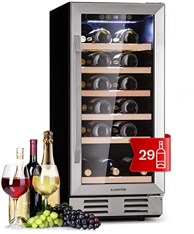 Klarstein Weinkühlschrank Freistehend, Kleiner Getränkekühlschrank Schmal, 1 Zone Weinkühlschrank mit Glastür, Indoor/Outdoor Beersafe, Kühlschrank Klein mit UV-Schutz, 5-18°C, 81 Liter / 29 Flaschen