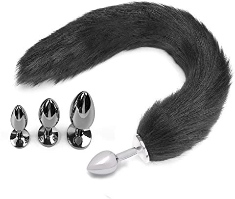 Glatte Langer Fuchsschwanz Kunstfell Analplug Sexspielzeug für Paare Cosplay SM Rollenspiele, Anfängerfreundlicher Tier Schwanz Butt Plug für Frauen und Männer (Schwarz)