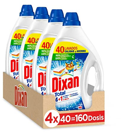 Dixan Gel Total 4+1, Detergente Líquido para Lavadora (pack de 4, total: 160 lavados), jabón para lavar la ropa blanca y clara. Limpieza, luminosidad, frescor y sostenibilidad.