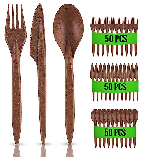 RAGO® Wiederverwendbaren Besteck Set 150 Stück Umweltfreundlich aus WPC I 50 Gabeln I 50 Messer I 50 Löffel I Robust I Mehrweg I Perfekt für Events I Dunkelbraun