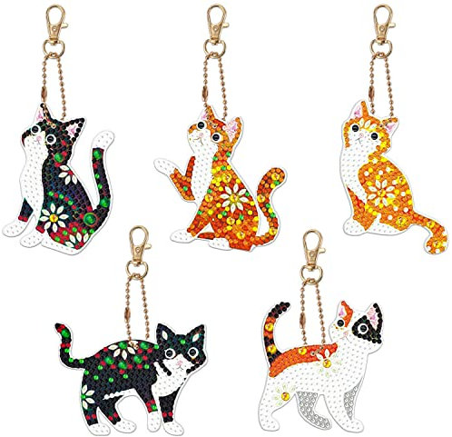Fyihoxi 5 Stück Diamond Painting Schlüsselanhänger, DIY Diamond Painting Set 5D Diamant Malerei Katze, Doppelseitige Diamond Painting Set für Erwachsene Kinder Kunsthandwerk Geschenk Deko