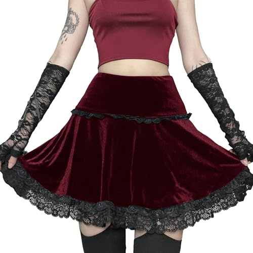 DINGJIUYAN red Goth Mini Skirt, Pleated Skirt for Women, Korean & Gothic Style, Mesh Detail