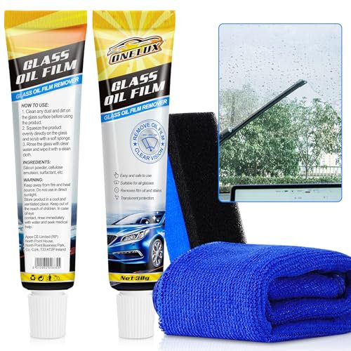 liquido lavavetri auto, Detergente per Pulizia Vetri Auto, Pellicola di Olio di Vetro per Auto, visibilita perfetta, crema per la rimozione di pellicole di vetro con spugne e asciugamani(30 Gram)