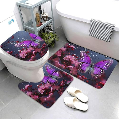 Lila Pflaume Schmetterling Badezimmer Teppiche Sets 3-teiliges super saugfähiges Badezimmermatten-Set enthält Badteppich, Konturmatte und WC-Deckelbezug, waschbare rutschfeste Badematten Teppich für